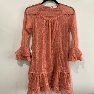 NWOT Joyfolie Coral Floral Lace Ruffle Dress